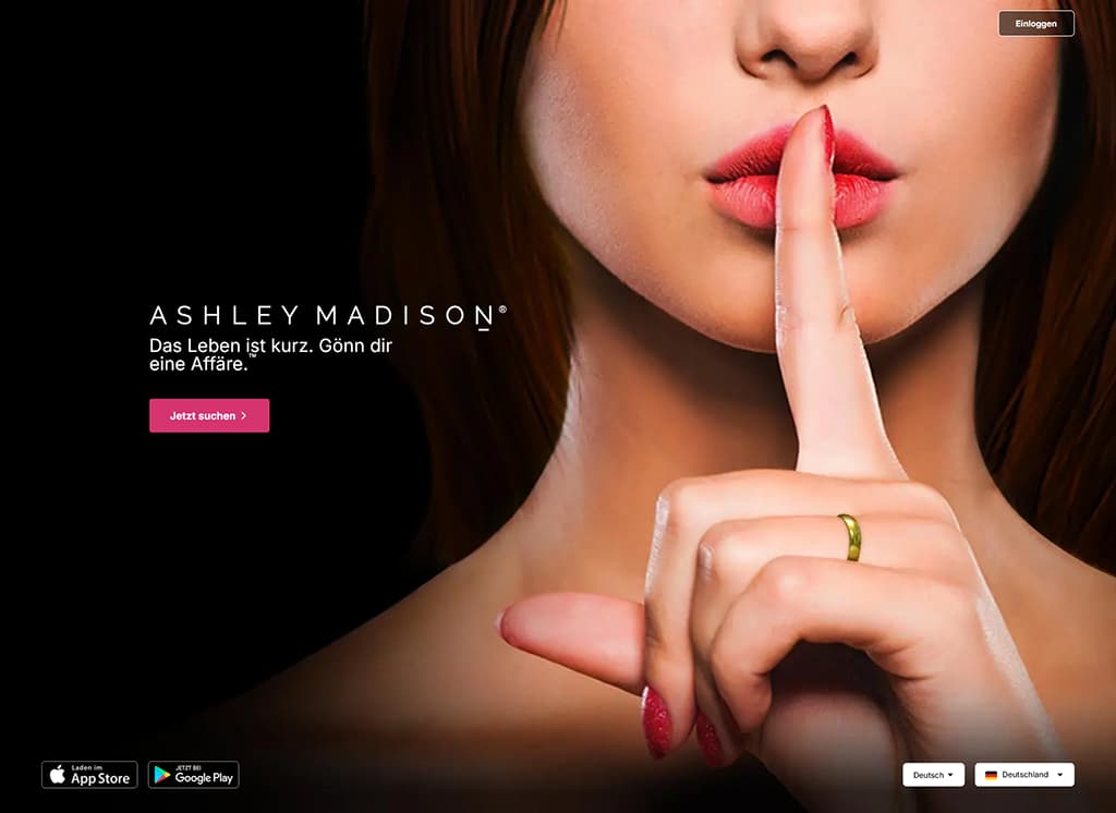 Ashley Madison Startseite - Screenshot der Anmeldung und Hauptfunktionen