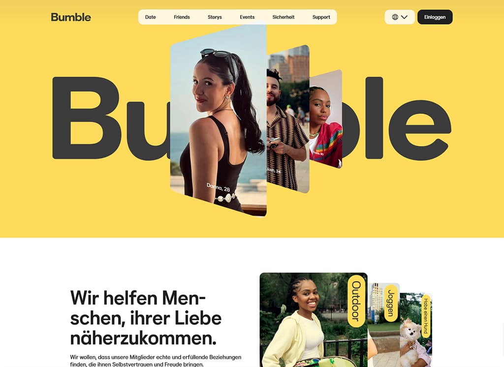 Bumble Startseite - Screenshot der Anmeldung und Hauptfunktionen