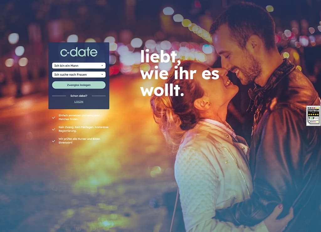 C-Date Startseite - Screenshot der Anmeldung und Hauptfunktionen