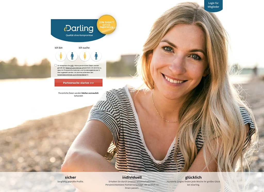 eDarling Startseite - Screenshot der Anmeldung und Hauptfunktionen