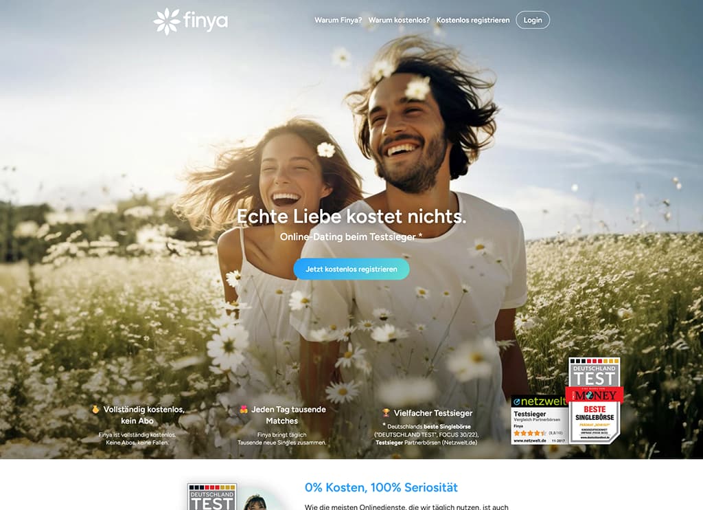 Finya Startseite - Screenshot der Anmeldung und Hauptfunktionen