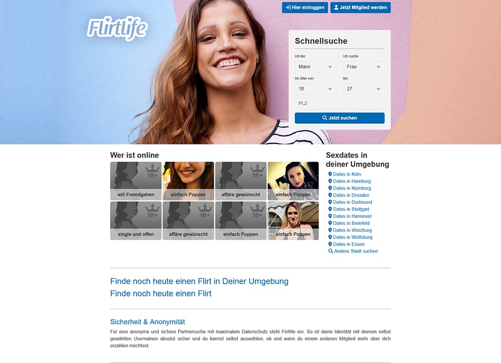 Flirtlife.de Startseite - Screenshot der Anmeldung und Hauptfunktionen