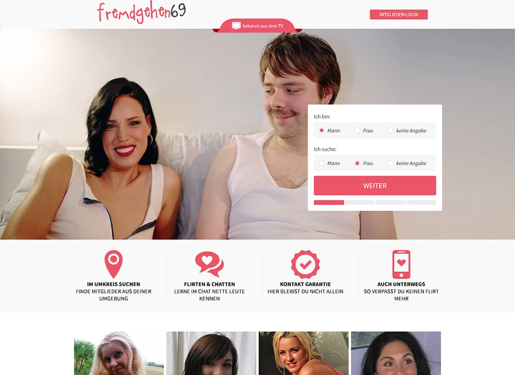 Fremgehen69 Startseite - Screenshot der Anmeldung und Hauptfunktionen