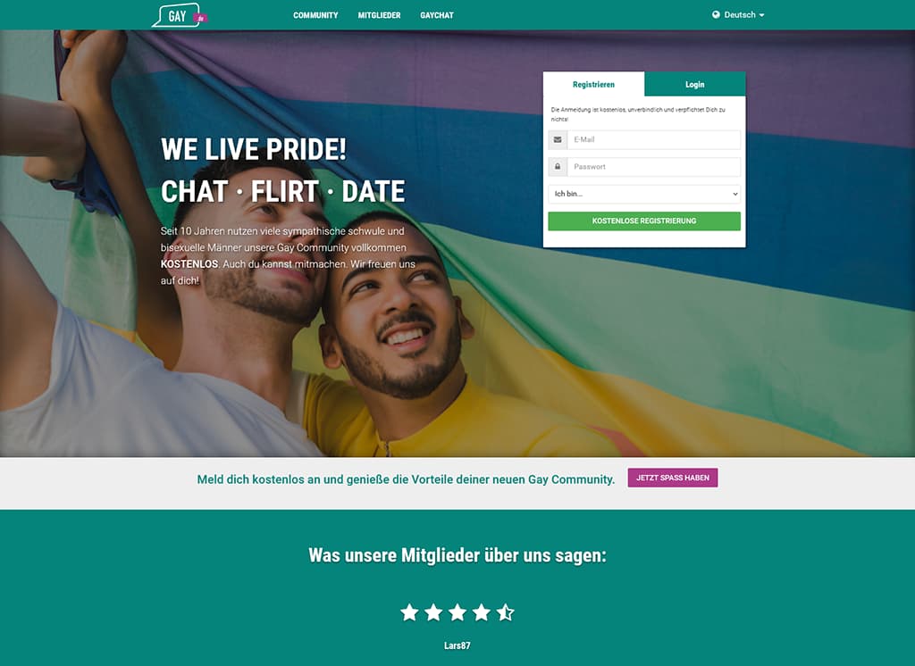 Gay.de Startseite - Screenshot der Anmeldung und Hauptfunktionen