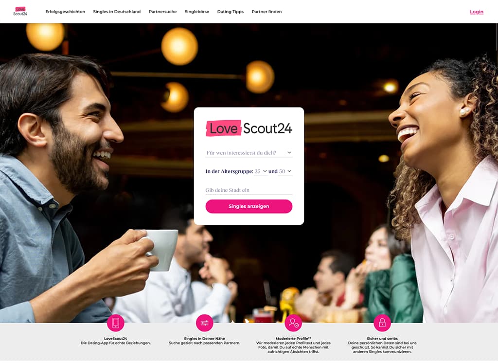 LoveScout24 Startseite - Screenshot der Anmeldung und Hauptfunktionen