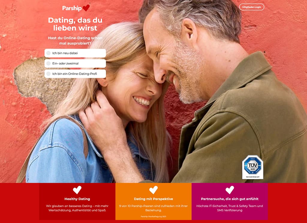 Parship Startseite - Screenshot der Anmeldung und Hauptfunktionen