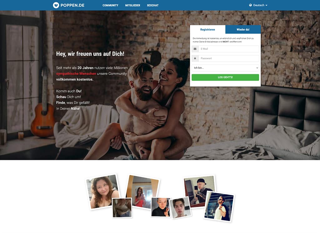 Poppen.de Startseite - Screenshot der Anmeldung und Hauptfunktionen