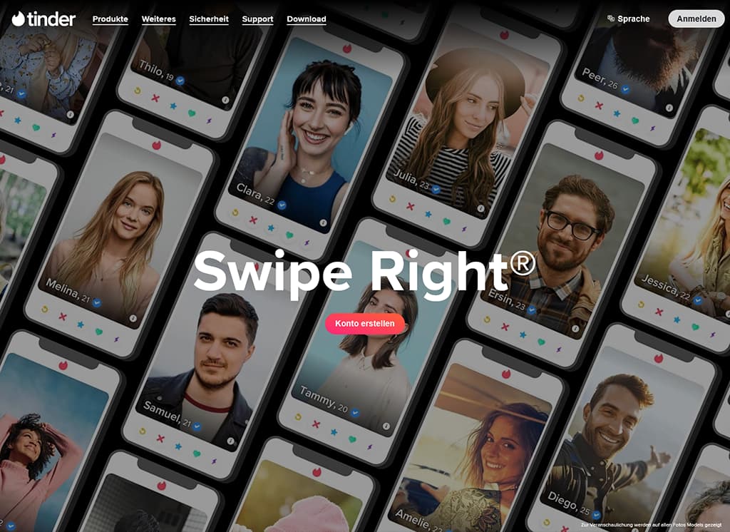 Tinder Startseite - Screenshot der Anmeldung und Hauptfunktionen