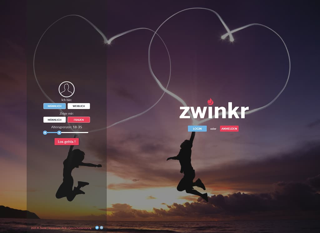 Zwinkr Startseite - Screenshot der Anmeldung und Hauptfunktionen